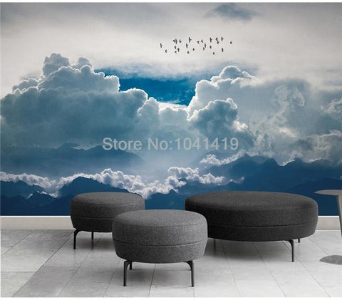 Image of Billowing Clouds and Birds Wallpaper Mural, Custom Sizes Available Wall Murals Maughon's