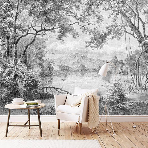 Image of Black And White Forest with Lake Wallpaper Mural, Custom Sizes Available Household-Wallpaper Maughon's