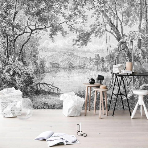 Image of Black And White Forest with Lake Wallpaper Mural, Custom Sizes Available Household-Wallpaper Maughon's