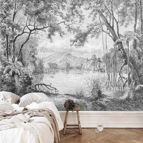 Image of Black And White Forest with Lake Wallpaper Mural, Custom Sizes Available Household-Wallpaper Maughon's
