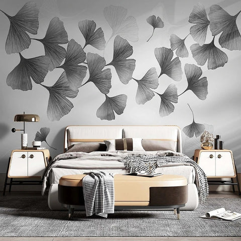 Image of Black and White Gingko Leaves Wallpaper Mural, Custom Sizes Available Wall Murals Maughon's