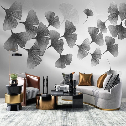 Image of Black and White Gingko Leaves Wallpaper Mural, Custom Sizes Available Wall Murals Maughon's Waterproof Canvas