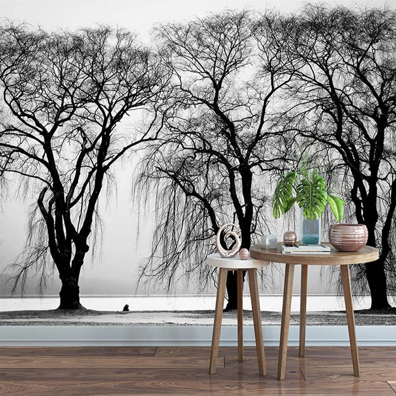 Black And White Tree Silhouettes Wallpaper Mural, Custom Sizes Available Wall Murals Maughon's Waterproof Canvas