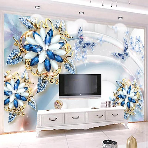 Image of Blue and White Floral Jewelry Wallpaper Mural, Custom Sizes Available Maughon's
