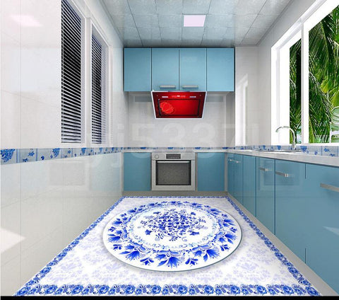Image of Blue and White Vinyl PVC Floor Mural,Self Adhesive, Custom Sizes Available Household-Wallpaper-Floor Maughon's