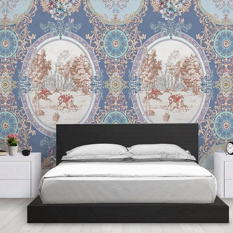 Image of Blue Ornate Equestrian Medallion Wallpaper Mural, Custom Sizes Available Wall Murals Maughon's