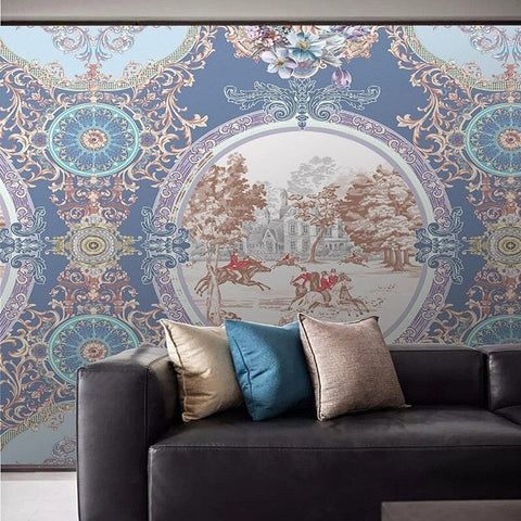 Image of Blue Ornate Equestrian Medallion Wallpaper Mural, Custom Sizes Available Wall Murals Maughon's
