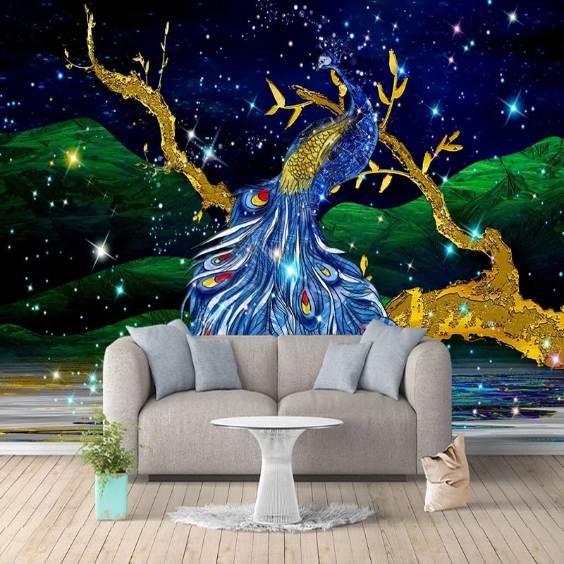 Blue Peacock Magical Fantasy Wallpaper Mural, Custom Sizes Available Wall Murals Maughon's Waterproof Canvas