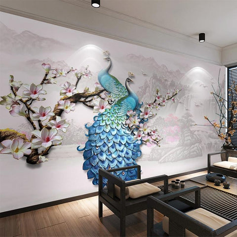 Image of Blue Peacock on Plum Blossom Wallpaper Mural, Custom Sizes Available Maughon's