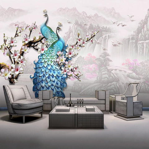 Image of Blue Peacock on Plum Blossom Wallpaper Mural, Custom Sizes Available Maughon's