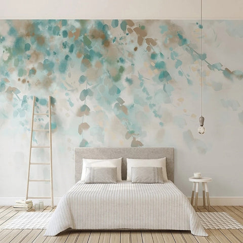 Image of Blue Watercolor Hanging Leaves Wallpaper Mural, Custom Sizes Available Wall Murals Maughon's Waterproof Canvas