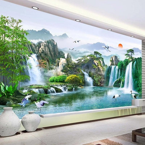 Image of Breathtaking Chinese Style Waterfalls Wallpaper Mural, Custom Sizes Available Household-Wallpaper Maughon's