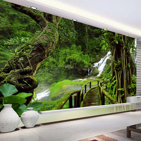Image of Bridge Through a Primeval Forest Waterfall Wallpaper Mural, Custom Sizes Available Maughon's