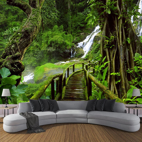 Image of Bridge Through a Primeval Forest Waterfall Wallpaper Mural, Custom Sizes Available Maughon's