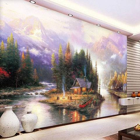 Image of Cabin On a River Wallpaper Mural, Custom Sizes Available Wall Murals Maughon's