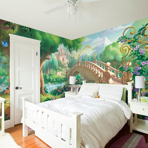 Image of Cartoon Fairy-Tale Bridge and Castle Kid's Wallpaper Mural Wall Murals Maughon's