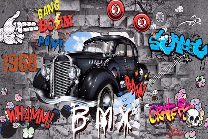 Cartoon Graffiti Dump Truck and Cars Kids Wallpaper Murals, 3 Options, Custom Sizes Available Wall Murals Maughon's
