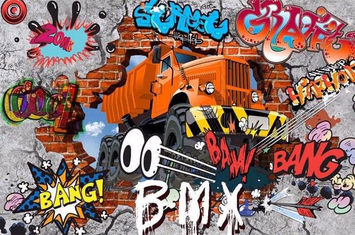 Cartoon Graffiti Dump Truck and Cars Kids Wallpaper Murals, 3 Options, Custom Sizes Available Wall Murals Maughon's
