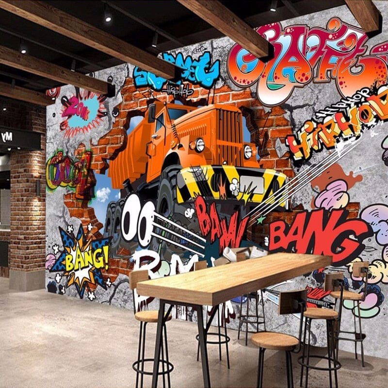 Cartoon Graffiti Dump Truck and Cars Kids Wallpaper Murals, 3 Options, Custom Sizes Available Wall Murals Maughon's Orange Dump Truck