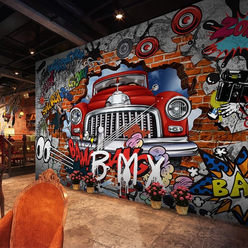 Cartoon Graffiti Dump Truck and Cars Kids Wallpaper Murals, 3 Options, Custom Sizes Available Wall Murals Maughon's Red Car