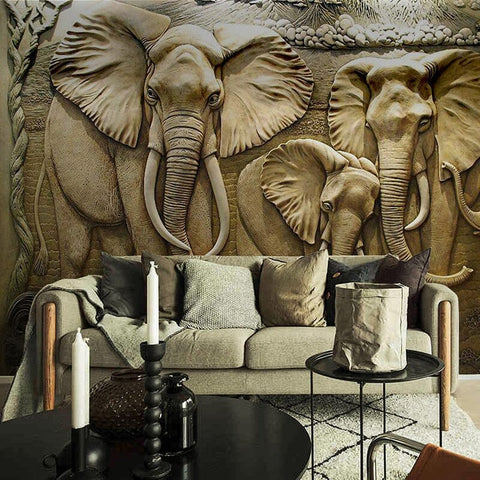 Image of Carved Elephants Relief Wallpaper Mural, Custom Sizes Available Wall Murals Maughon's Waterproof Canvas