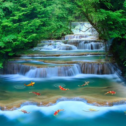 Image of Cascading Waterfall With Koi Wallpaper Mural, Custom Sizes Available Wall Murals Maughon's