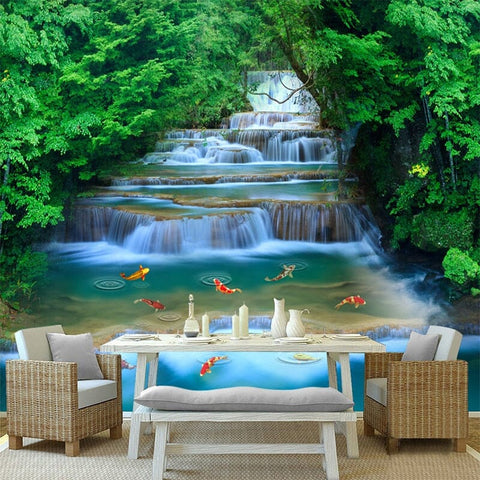 Image of Cascading Waterfall With Koi Wallpaper Mural, Custom Sizes Available Wall Murals Maughon's Waterproof Canvas
