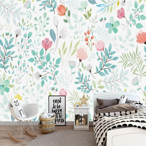 Image of Charming Floral and Leaves Wallpaper Mural, Custom Sizes Available Household-Wallpaper Maughon's