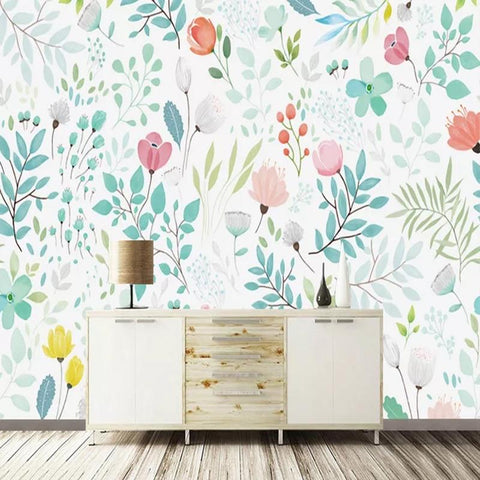 Image of Charming Floral and Leaves Wallpaper Mural, Custom Sizes Available Household-Wallpaper Maughon's