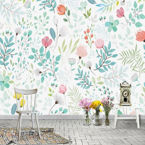 Image of Charming Floral and Leaves Wallpaper Mural, Custom Sizes Available Household-Wallpaper Maughon's