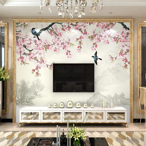 Image of Charming Pink Blossoms and Birds Wallpaper Mural, Custom Sizes Available Wall Mural Maughon's Waterproof Canvas