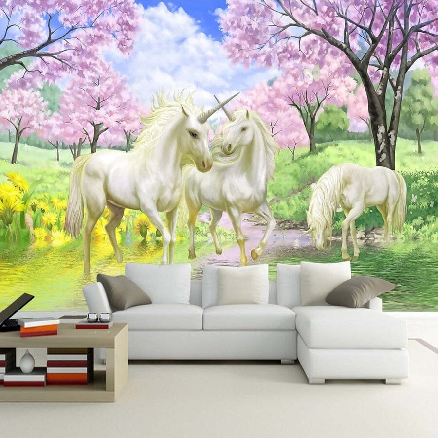 Cherry Blossom and Unicorns Wallpaper Mural, Custom Sizes Available Wall Murals Maughon's