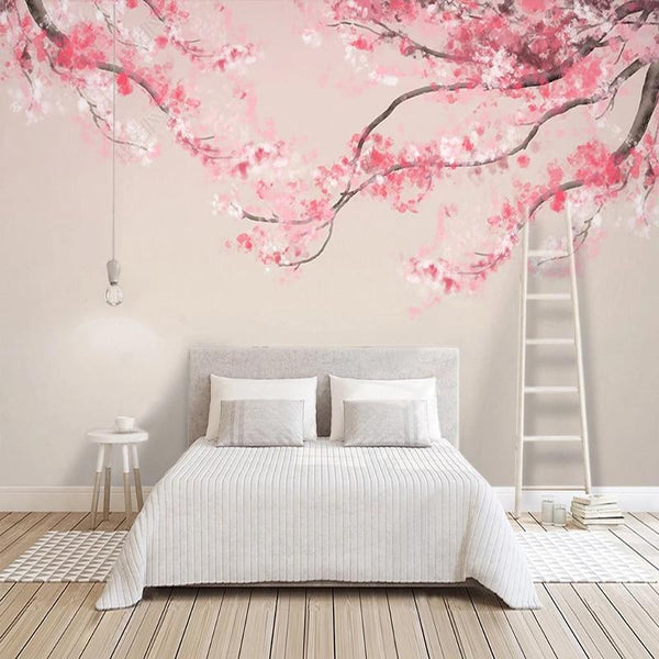  Papel tapiz adhesivo para pared, diseño de flor de cerezo con  techo chino tradicional en templexi largo, autoadhesivo, despegar y pegar,  papel tapiz extraíble grande mural de pared para decoración del
