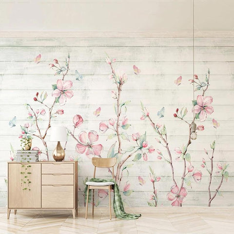 Image of Cherry Blossom, Wood Grain ,Butterfly Flowers Wallpaper Mural, Custom Sizes Available Household-Wallpaper Maughon's