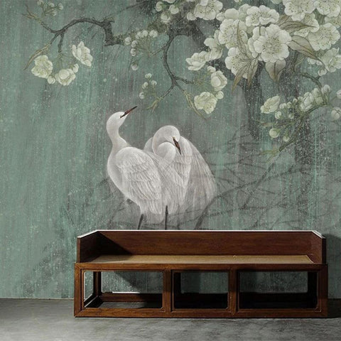 Image of Chinese Hand Painted Flowers And Cranes Wallpaper Mural, Custom Sizes Available Household-Wallpaper Maughon's
