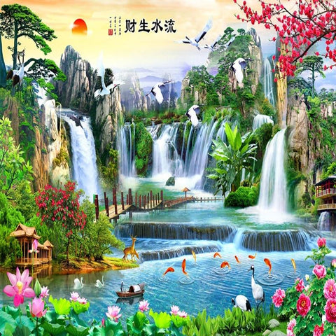 Image of Chinese Style Colorful Waterfall Landscape Wallpaper Mural, Custom Sizes Available Household-Wallpaper Maughon's