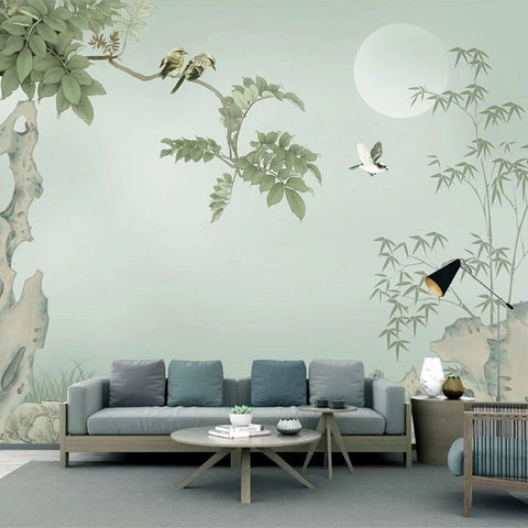 Image of Chinese Style Hand Painted Bamboo and Birds Wallpaper Mural, Custom Sizes Available Wall Murals Maughon's