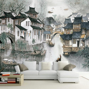 Chinese Village On The Water Wallpaper Mural, Custom Sizes Available Household-Wallpaper Maughon's 
