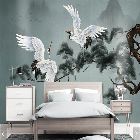 Image of Chinoiserie Pines And Red-Crowned Cranes Wallpaper Mural, Custom Sizes Available Wall Murals Maughon's