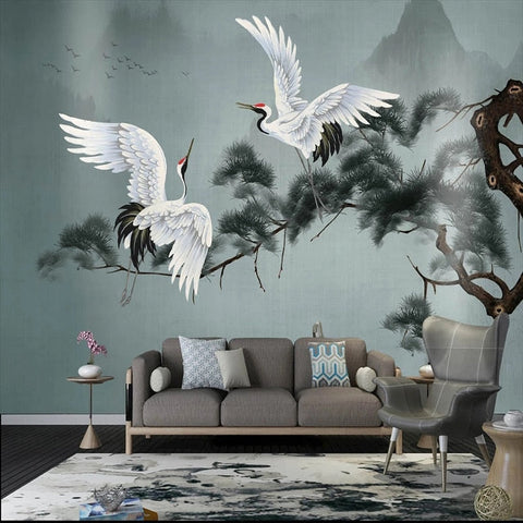 Image of Chinoiserie Pines And Red-Crowned Cranes Wallpaper Mural, Custom Sizes Available Wall Murals Maughon's Waterproof Canvas