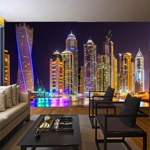 Image of City of Dubai Night View Wallpaper Mural, Custom Sizes Available Wall Murals Maughon's Waterproof Canvas