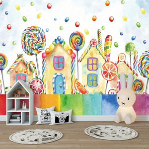 Colorful Cartoon Houses and Lollipops Wallpaper Mural, Custom Sizes Available