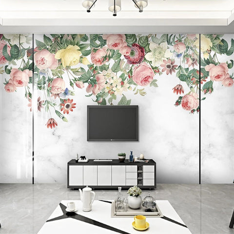 Image of Colorful Hand-Painted Floral Swag Botanical Wallpaper Mural, Custom Sizes Available Wall Murals Maughon's Waterproof Canvas