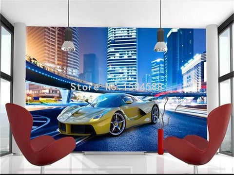 Image of Cool Yellow Sports Car City Night Wallpaper Mural, Custom Sizes Available Maughon's