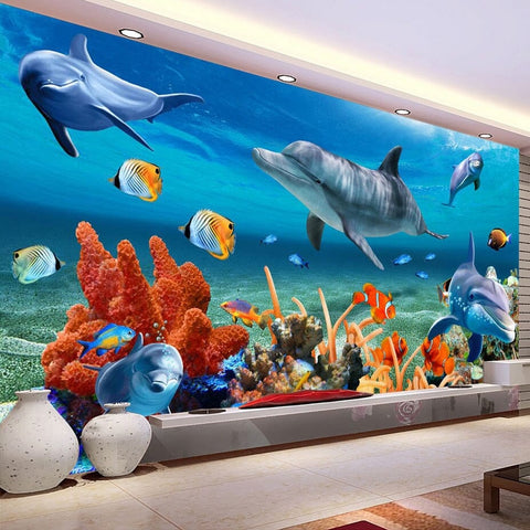 Image of Coral, Dolphins in Coral Reef Wallpaper Mural, Custom Sizes Available Wall Murals Maughon's Waterproof Canvas