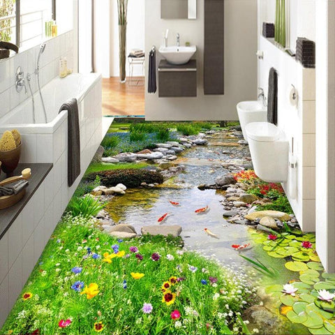 Image of Countryside Brook With Flowers And Plants Self Adhesive Floor Mural , Custom Sizes Available Floor Murals Maughon's