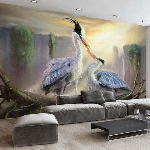 Image of Crane Pairing Oil Painting Wallpaper Mural, Custom Sizes Available Wall Murals Maughon's Waterproof Canvas