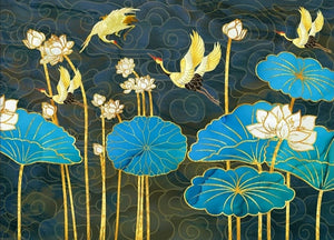 Alluring Cranes And Blue Lotus Wallpaper Mural, Custom Sizes Available