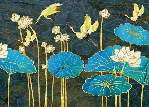 Image of Cranes And Blue Lotus Wallpaper Mural, Custom Sizes Available Wall Murals Maughon's