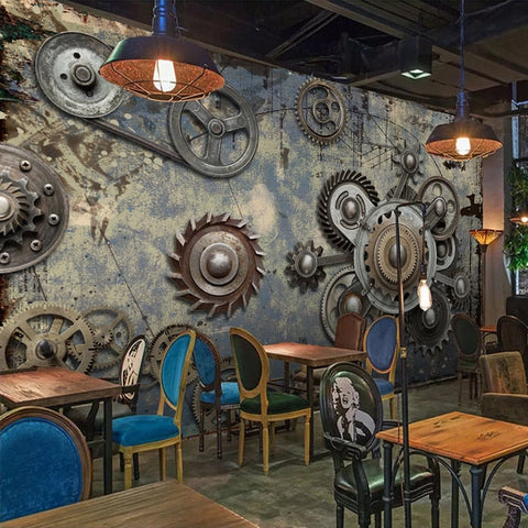 Image of Custom Photo Mural 3D Stereoscopic Retro Nostalgic Creative Mechanical Gear KTV Bar Cafe Restaurant Background Art Wall Painting Maughon's